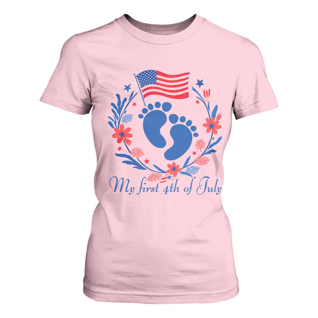 My First 4th of July Patriotic Cute Baby Footprints T Shirt For Women American Flag Wreath America Holiday Milestone
