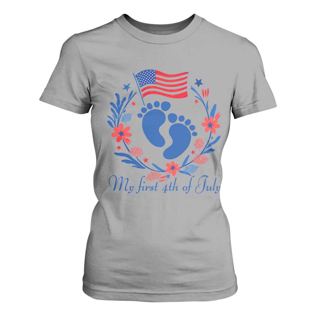 My First 4th of July Patriotic Cute Baby Footprints T Shirt For Women American Flag Wreath America Holiday Milestone