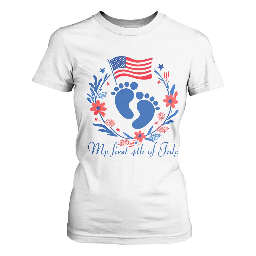 My First 4th of July Patriotic Cute Baby Footprints T Shirt For Women American Flag Wreath America Holiday Milestone
