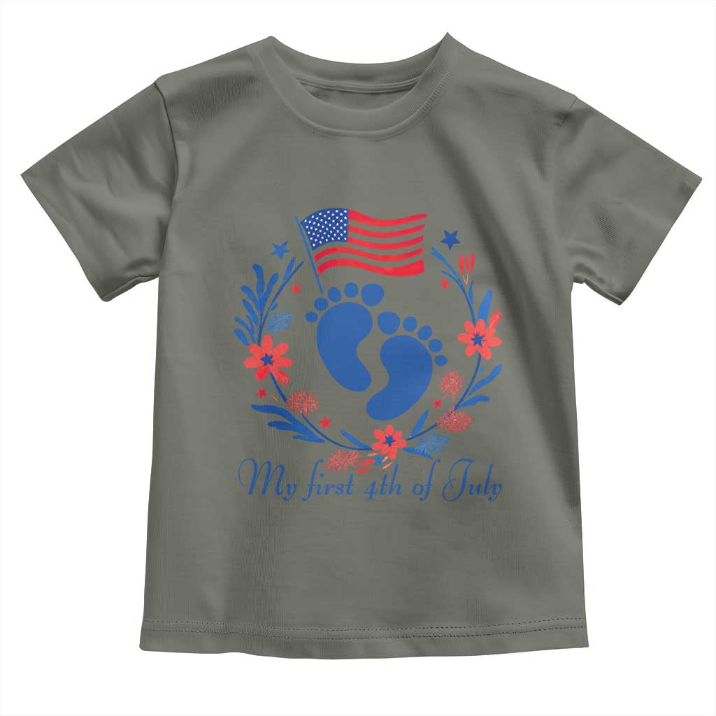 My First 4th of July Patriotic Cute Baby Footprints Toddler T Shirt American Flag Wreath America Holiday Milestone