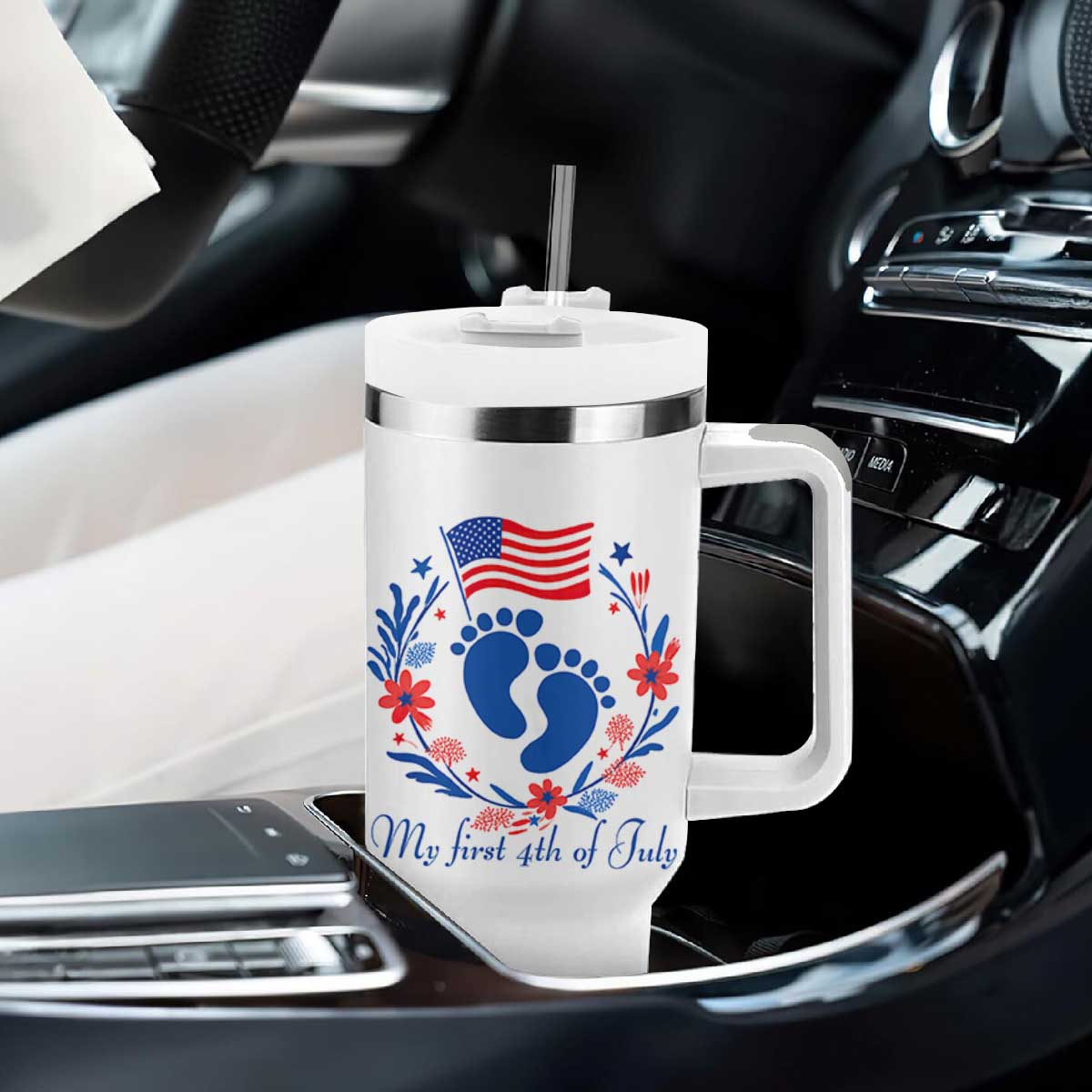 My First 4th of July Patriotic Cute Baby Footprints Tumbler With Handle American Flag Wreath America Holiday Milestone
