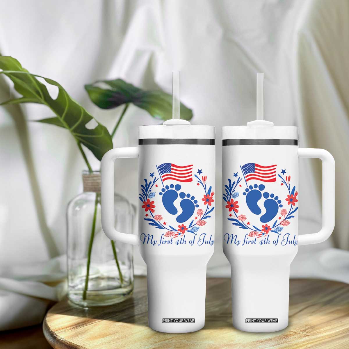 My First 4th of July Patriotic Cute Baby Footprints Tumbler With Handle American Flag Wreath America Holiday Milestone