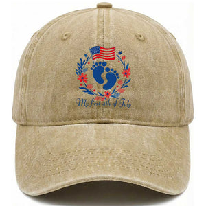 My First 4th of July Patriotic Cute Baby Footprints Washed Cotton Baseball Cap American Flag Wreath America Holiday Milestone