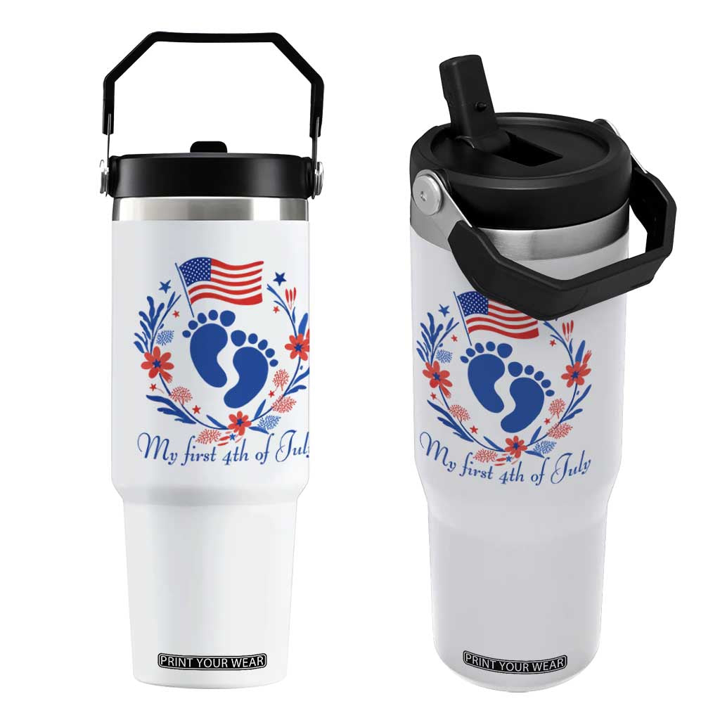 My First 4th of July Patriotic Cute Baby Footprints Flip Straw Tumbler American Flag Wreath America Holiday Milestone