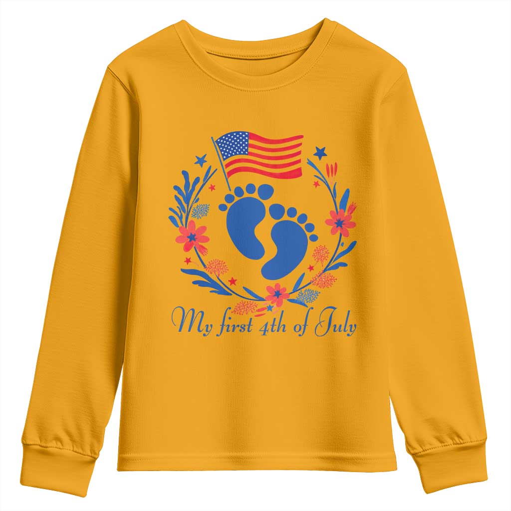 My First 4th of July Patriotic Cute Baby Footprints Youth Sweatshirt American Flag Wreath America Holiday Milestone