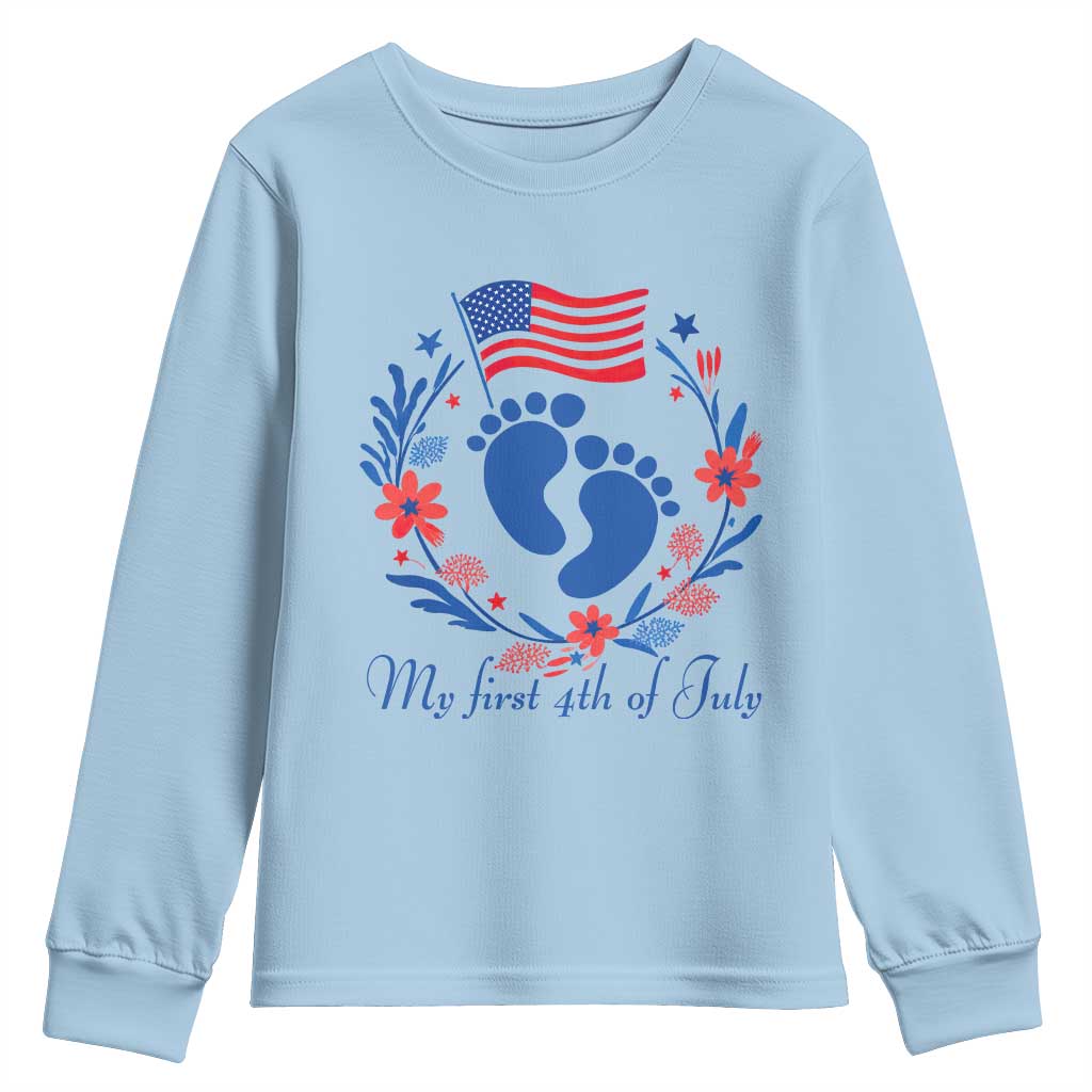 My First 4th of July Patriotic Cute Baby Footprints Youth Sweatshirt American Flag Wreath America Holiday Milestone