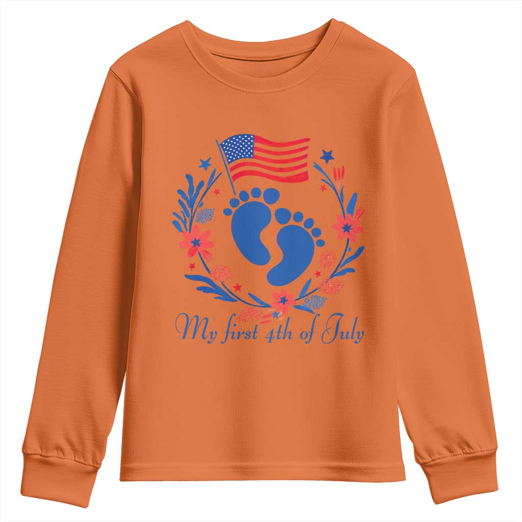 My First 4th of July Patriotic Cute Baby Footprints Youth Sweatshirt American Flag Wreath America Holiday Milestone