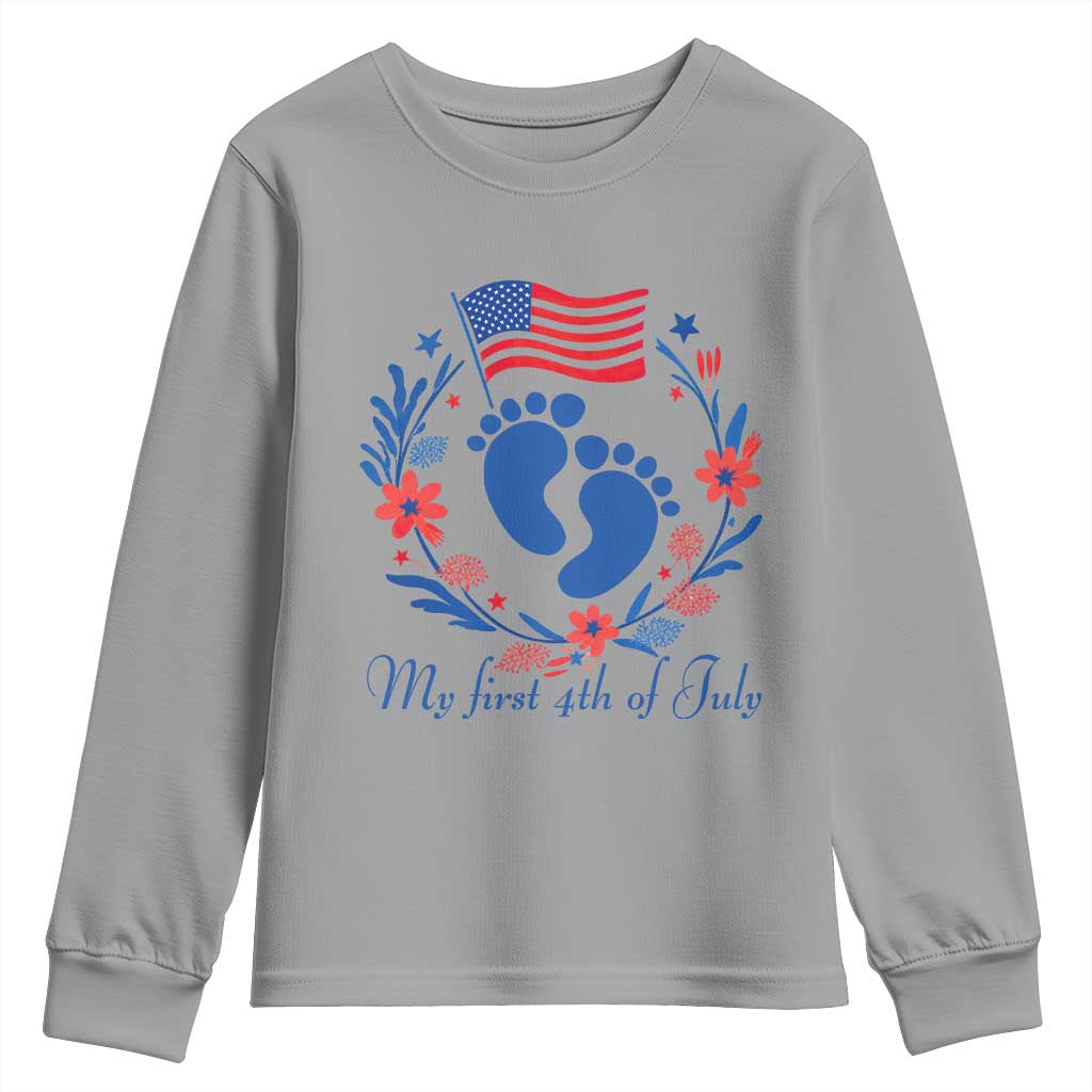 My First 4th of July Patriotic Cute Baby Footprints Youth Sweatshirt American Flag Wreath America Holiday Milestone