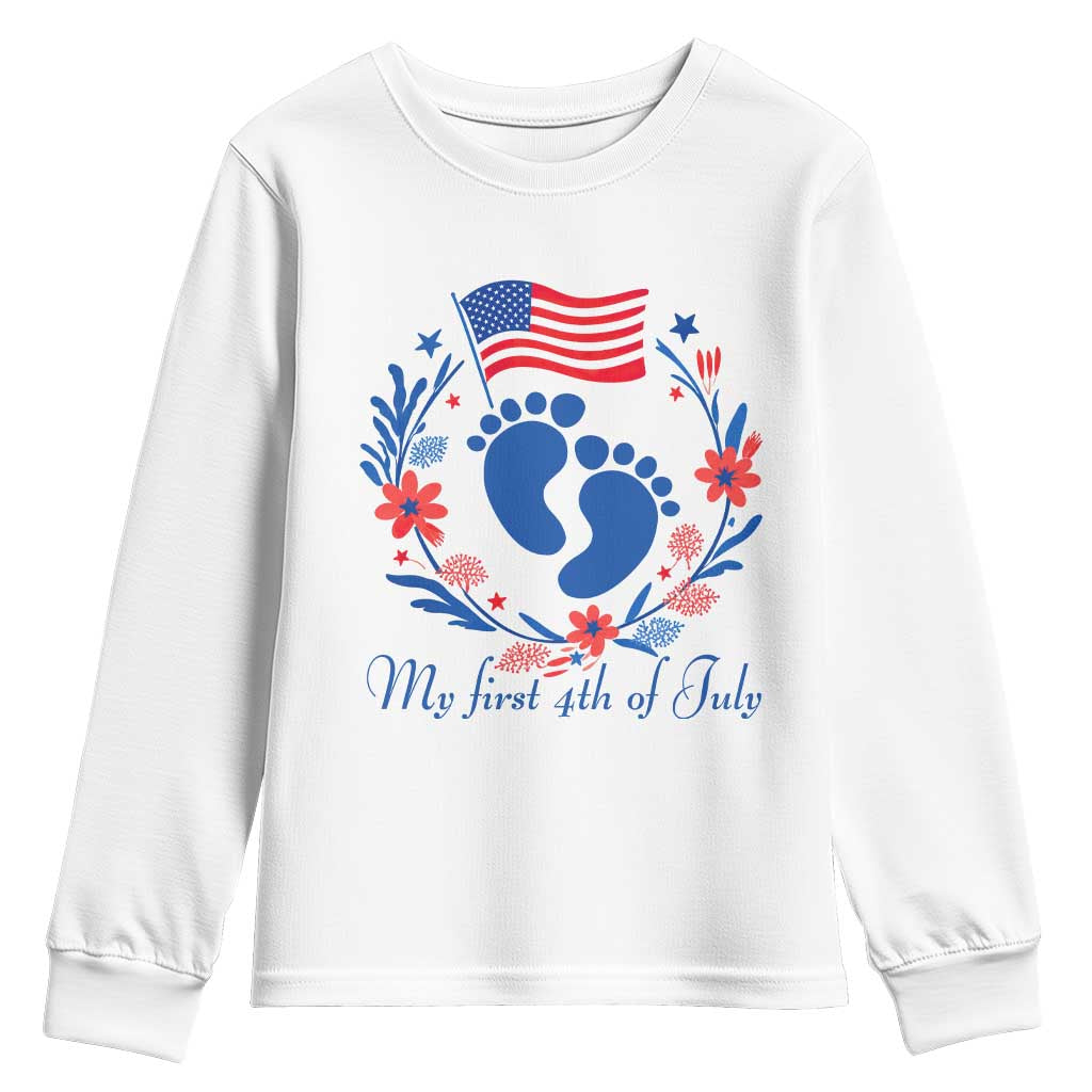 My First 4th of July Patriotic Cute Baby Footprints Youth Sweatshirt American Flag Wreath America Holiday Milestone