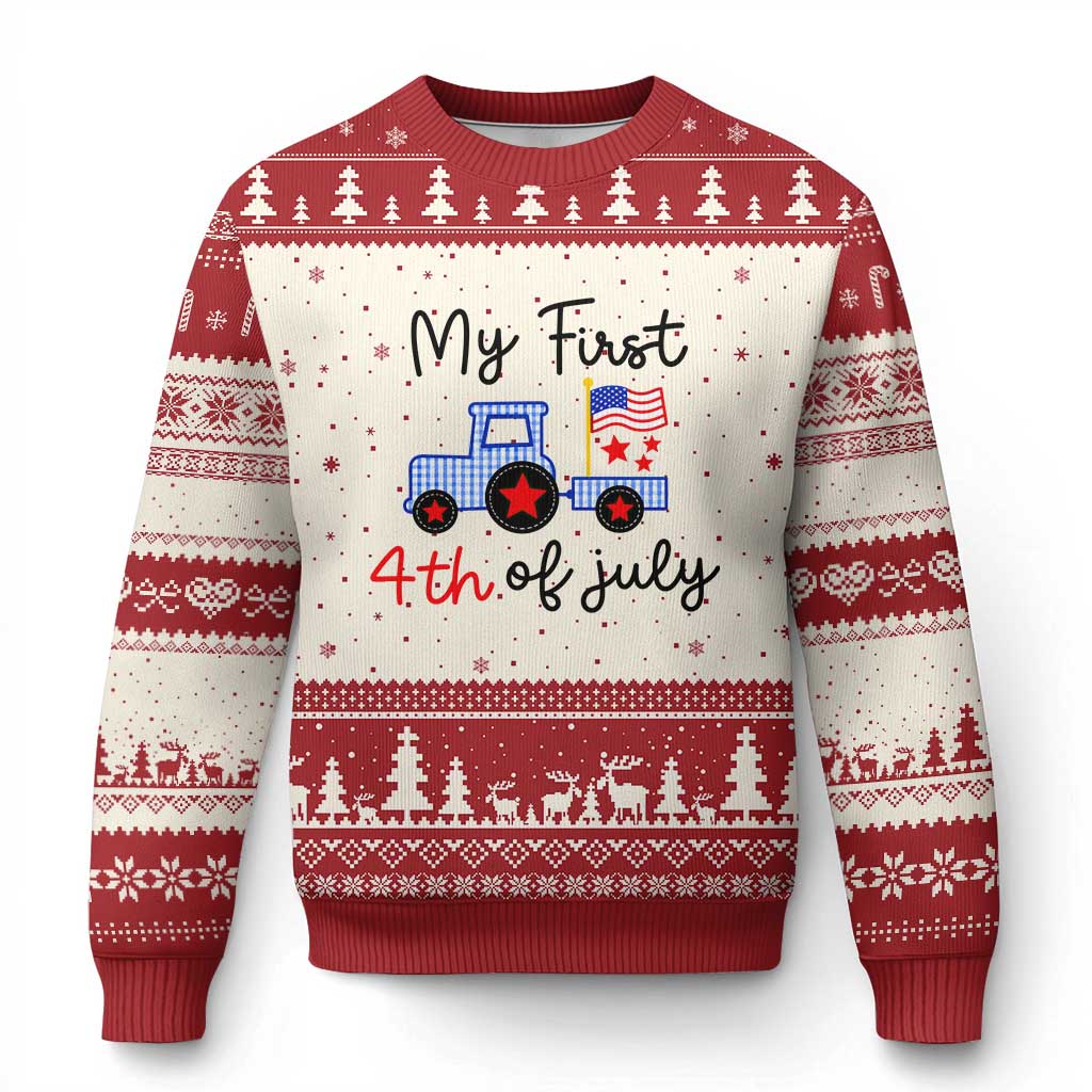 My First 4th of July Patriotic Tractor Cute Ugly Christmas Sweater American Flag Infant Independence Holiday Milestone TS02 Beige Red Print Your Wear