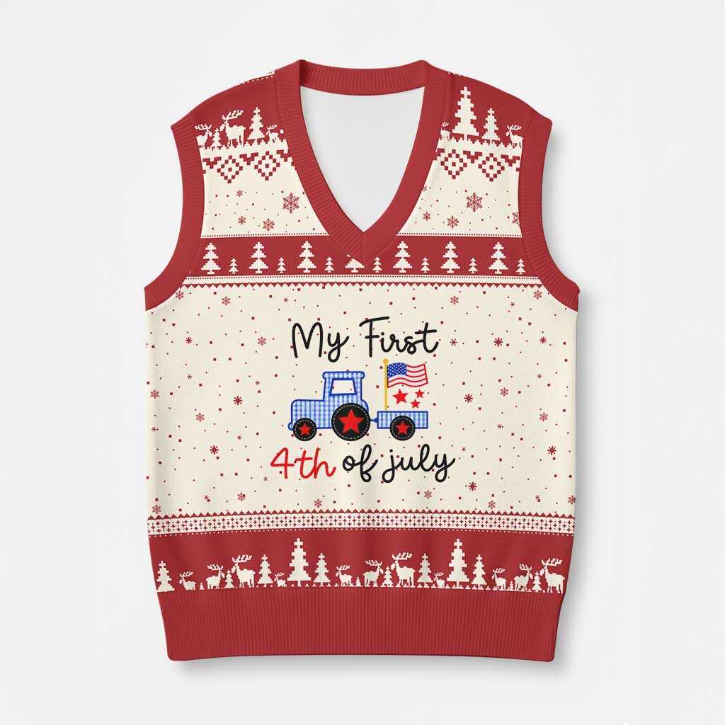 My First 4th of July Patriotic Tractor Cute V-Neck Knit Sweater Vest American Flag Infant Independence Holiday Milestone