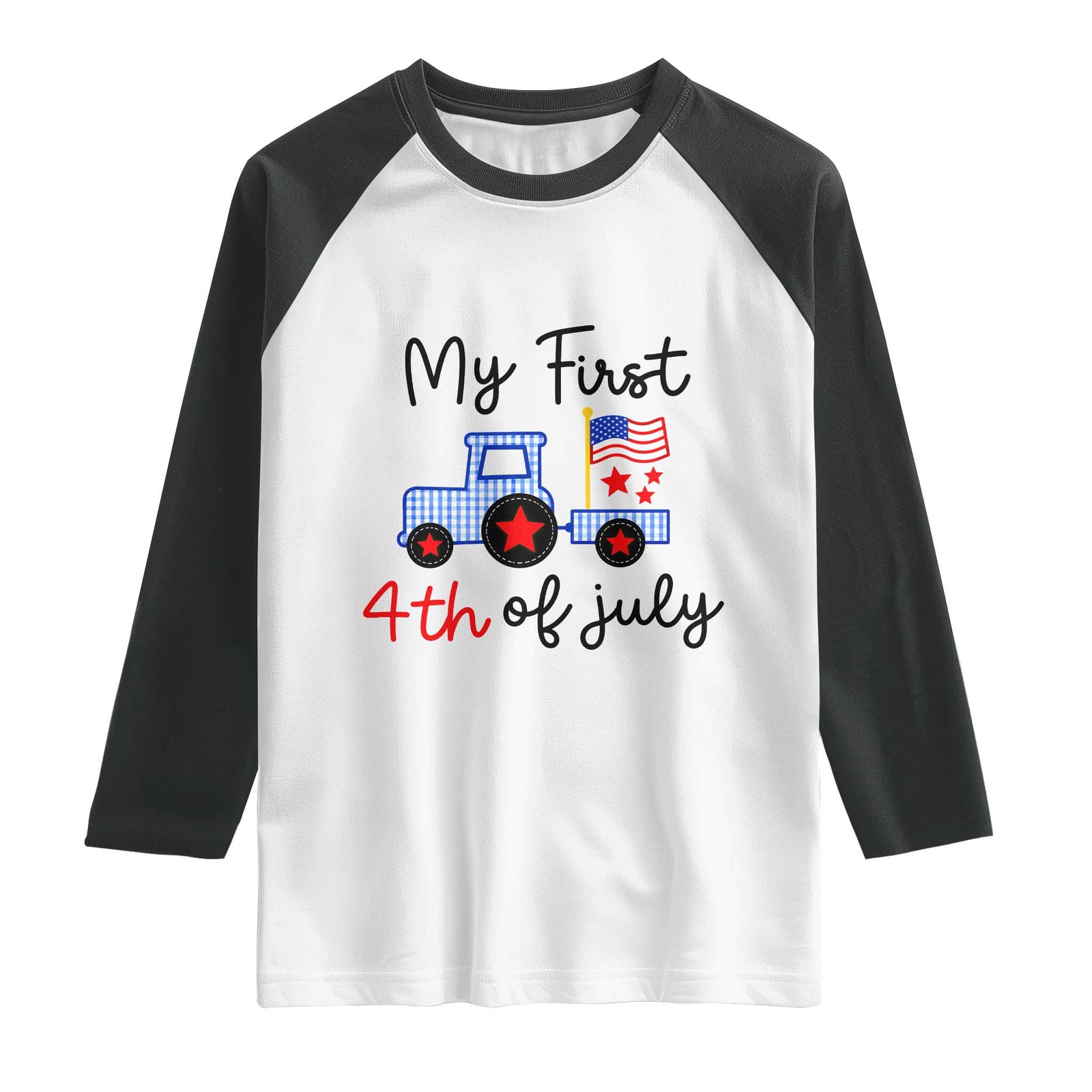 My First 4th of July Patriotic Tractor Cute Raglan Shirt American Flag Infant Independence Holiday Milestone TS02 White Black Print Your Wear