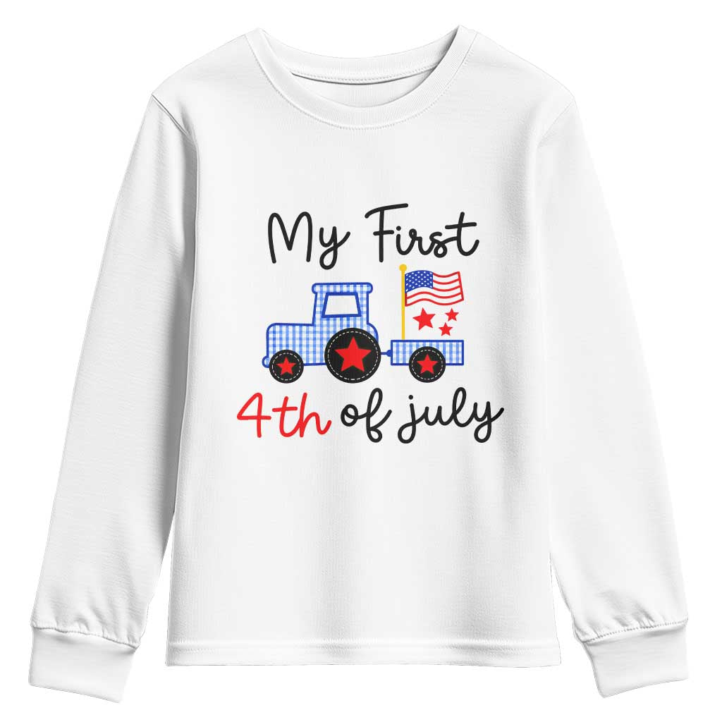 My First 4th of July Patriotic Tractor Cute Youth Sweatshirt American Flag Infant Independence Holiday Milestone TS02 White Print Your Wear