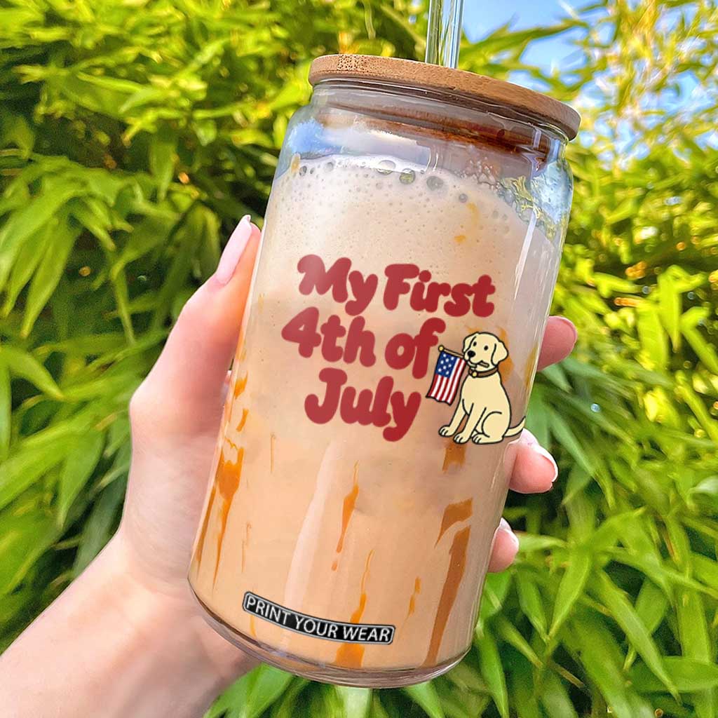 My First 4th of July Cute Golden Retriever Puppy Dog Glass Can American Flag Independence Holiday Milestone