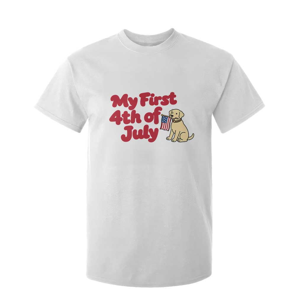 My First 4th of July Cute Golden Retriever Puppy Dog T Shirt For Kid American Flag Independence Holiday Milestone TS02 White Print Your Wear