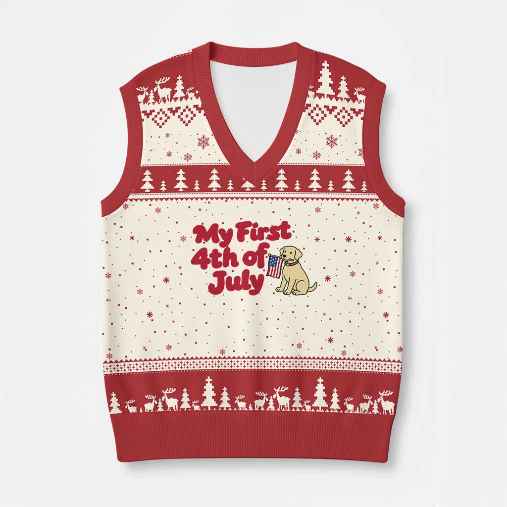 My First 4th of July Cute Golden Retriever Puppy Dog V-Neck Knit Sweater Vest American Flag Independence Holiday Milestone