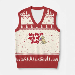 My First 4th of July Cute Golden Retriever Puppy Dog V-Neck Knit Sweater Vest American Flag Independence Holiday Milestone