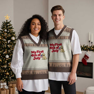 My First 4th of July Cute Golden Retriever Puppy Dog V-Neck Knit Sweater Vest American Flag Independence Holiday Milestone