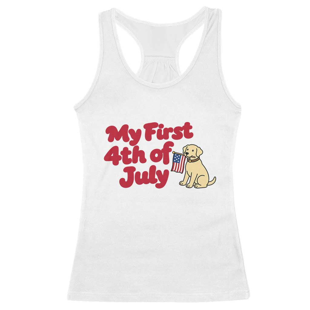 My First 4th of July Cute Golden Retriever Puppy Dog Racerback Tank Top American Flag Independence Holiday Milestone TS02 White Print Your Wear