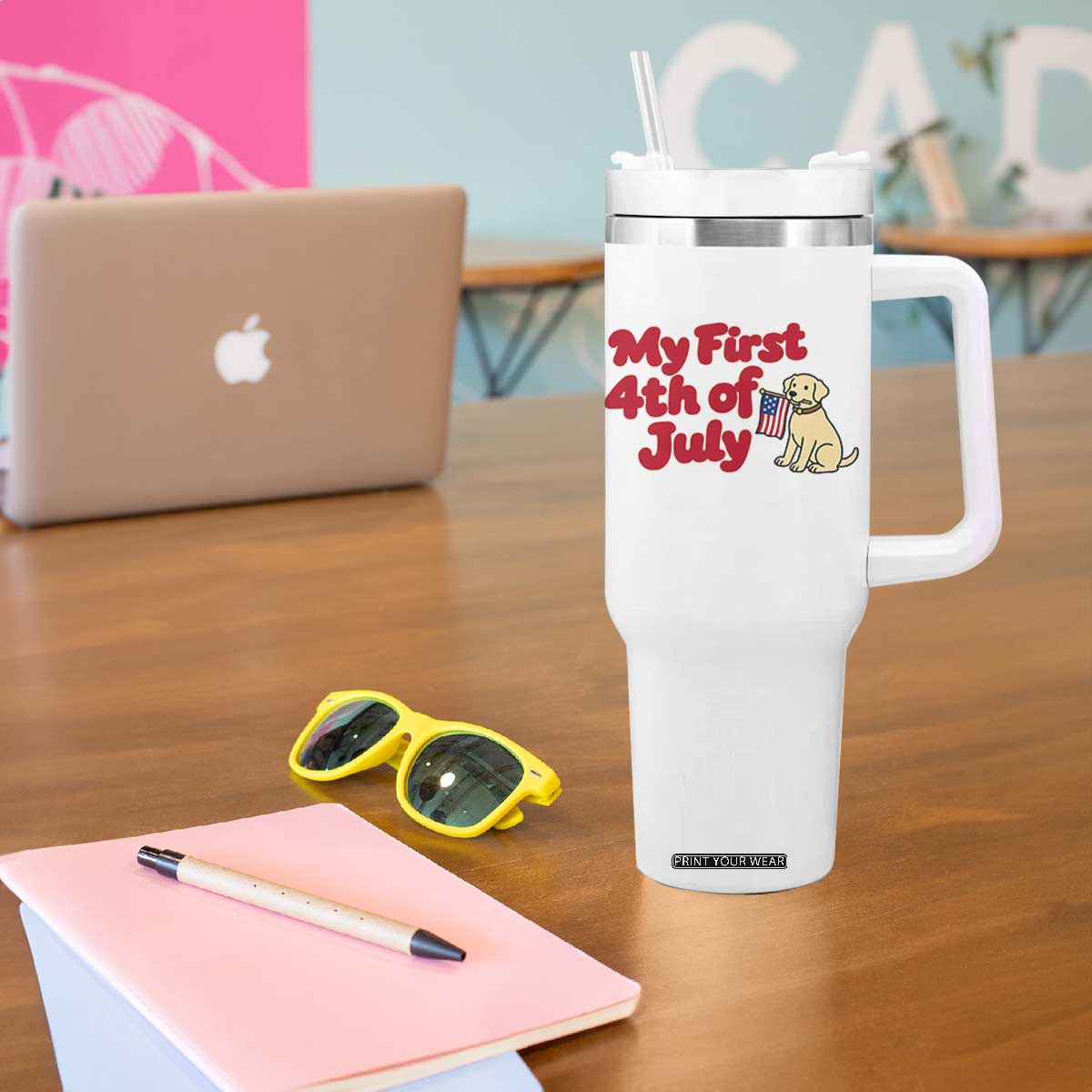 My First 4th of July Cute Golden Retriever Puppy Dog Tumbler With Handle American Flag Independence Holiday Milestone