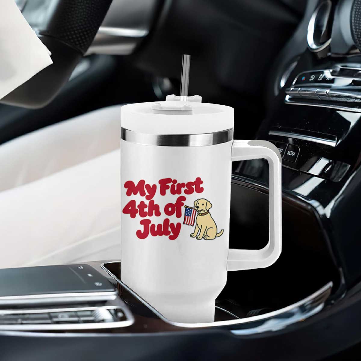 My First 4th of July Cute Golden Retriever Puppy Dog Tumbler With Handle American Flag Independence Holiday Milestone