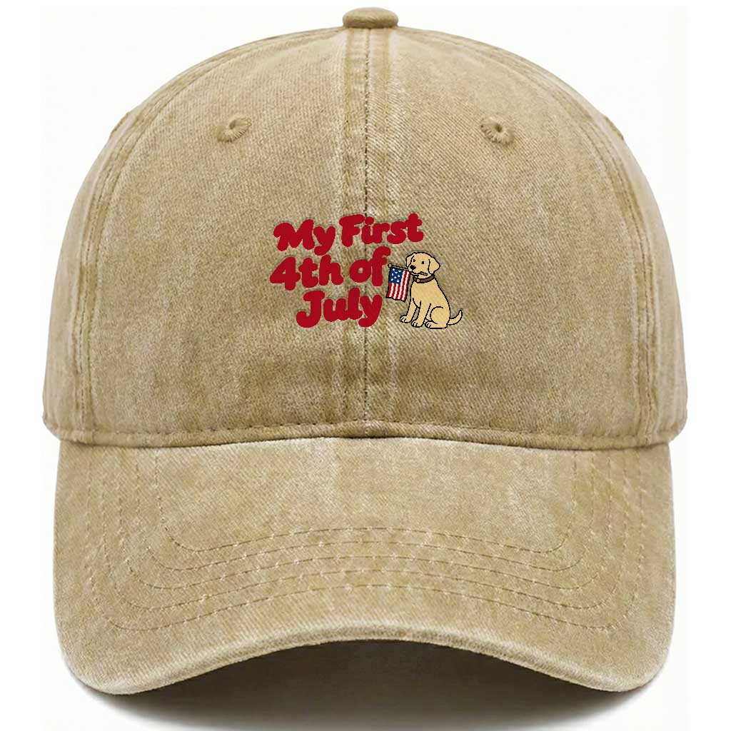 My First 4th of July Cute Golden Retriever Puppy Dog Washed Cotton Baseball Cap American Flag Independence Holiday Milestone