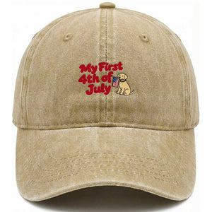My First 4th of July Cute Golden Retriever Puppy Dog Washed Cotton Baseball Cap American Flag Independence Holiday Milestone