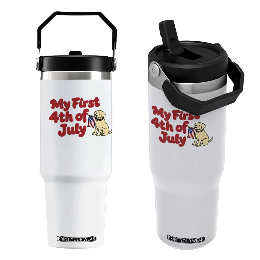 My First 4th of July Cute Golden Retriever Puppy Dog Flip Straw Tumbler American Flag Independence Holiday Milestone