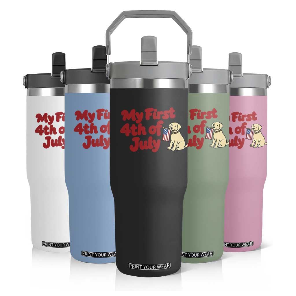 My First 4th of July Cute Golden Retriever Puppy Dog Flip Straw Tumbler American Flag Independence Holiday Milestone