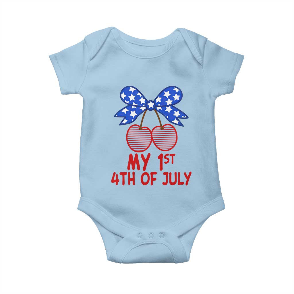 My 1st 4th of July Coquette Bow Striped Cherries Baby Onesie Preppy Patriotic Baby Girl Independence Holiday
