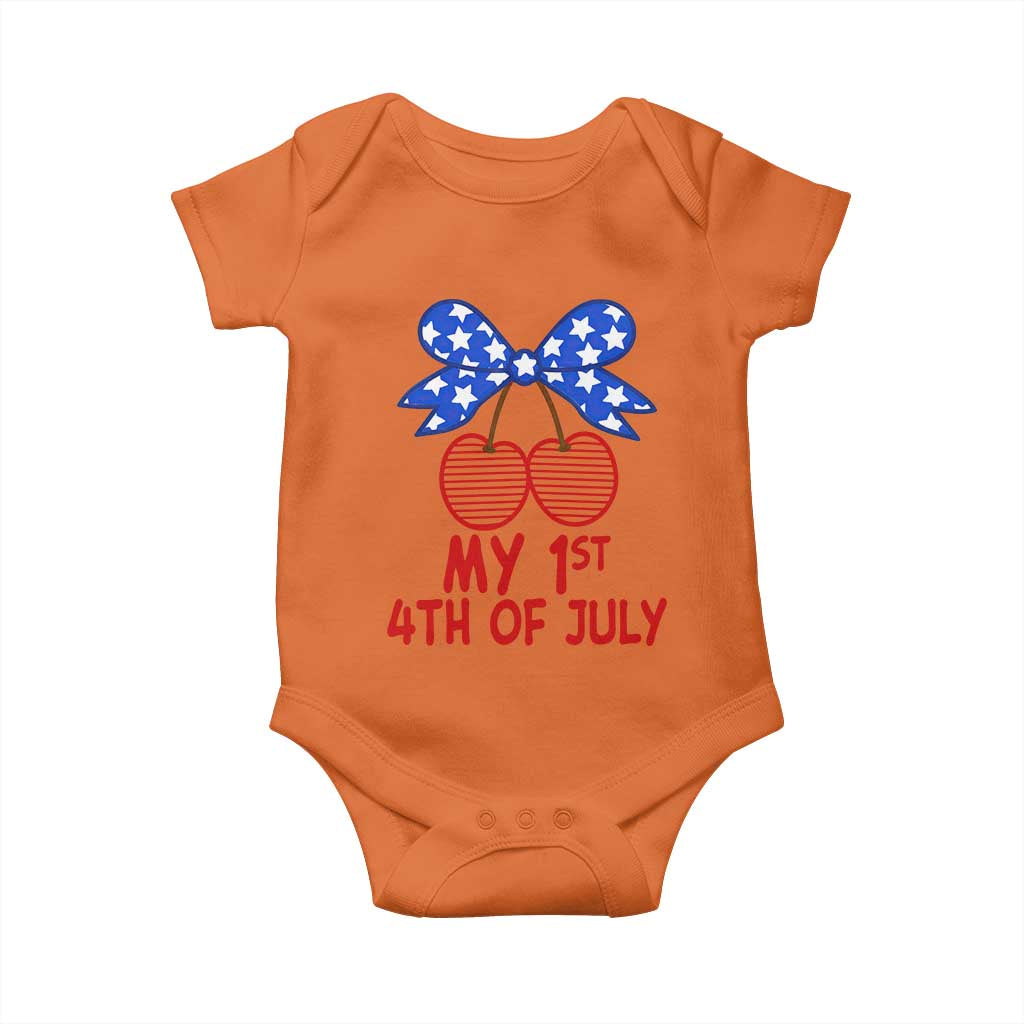 My 1st 4th of July Coquette Bow Striped Cherries Baby Onesie Preppy Patriotic Baby Girl Independence Holiday