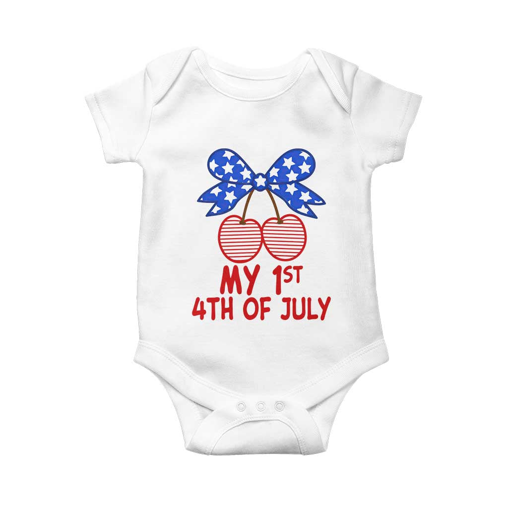 My 1st 4th of July Coquette Bow Striped Cherries Baby Onesie Preppy Patriotic Baby Girl Independence Holiday TS02 White Print Your Wear