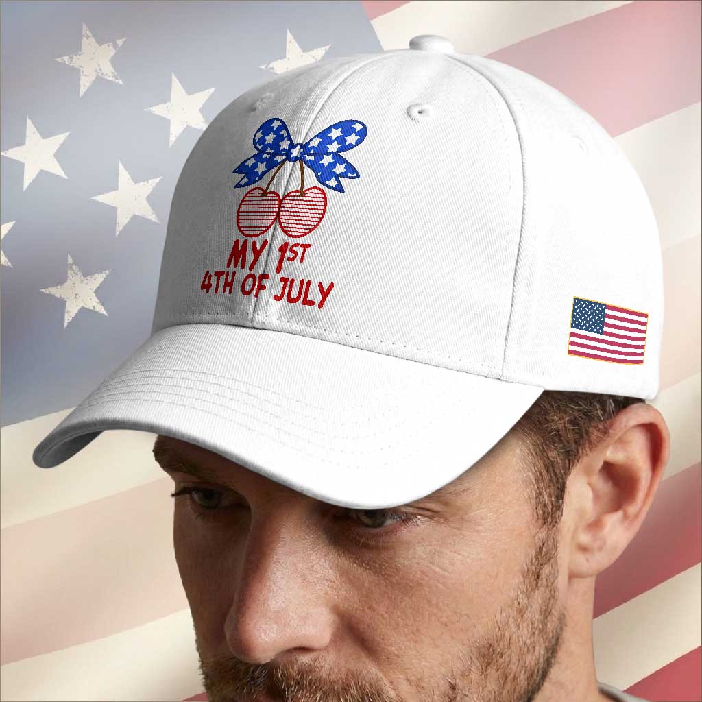 My 1st 4th of July Coquette Bow Striped Cherries Baseball Cap Preppy Patriotic Baby Girl Independence Holiday