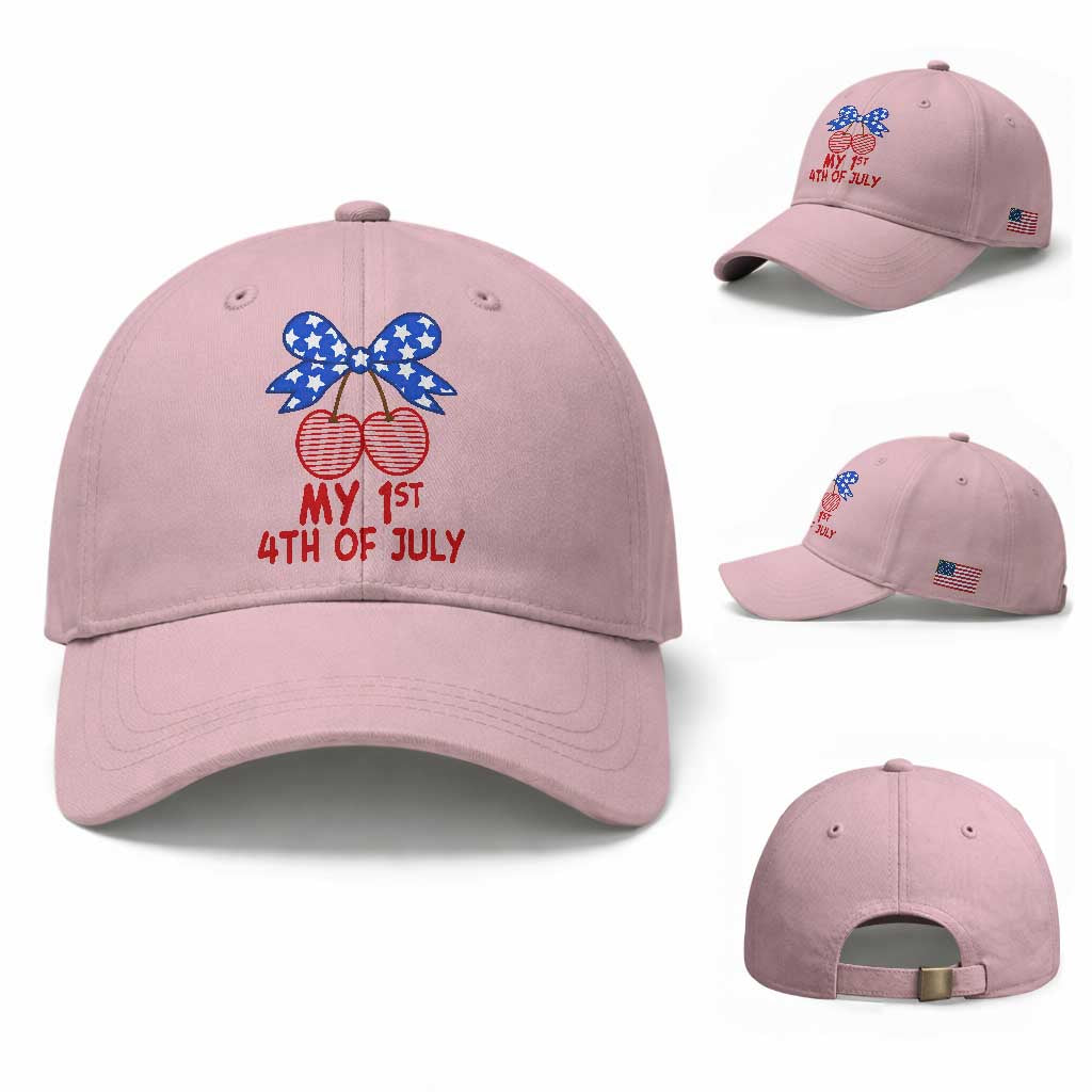 My 1st 4th of July Coquette Bow Striped Cherries Baseball Cap Preppy Patriotic Baby Girl Independence Holiday