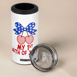 My 1st 4th of July Coquette Bow Striped Cherries 4 in 1 Can Cooler Tumbler Preppy Patriotic Baby Girl Independence Holiday