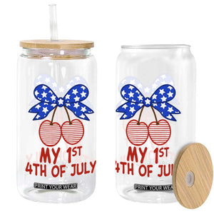 My 1st 4th of July Coquette Bow Striped Cherries Glass Can Preppy Patriotic Baby Girl Independence Holiday