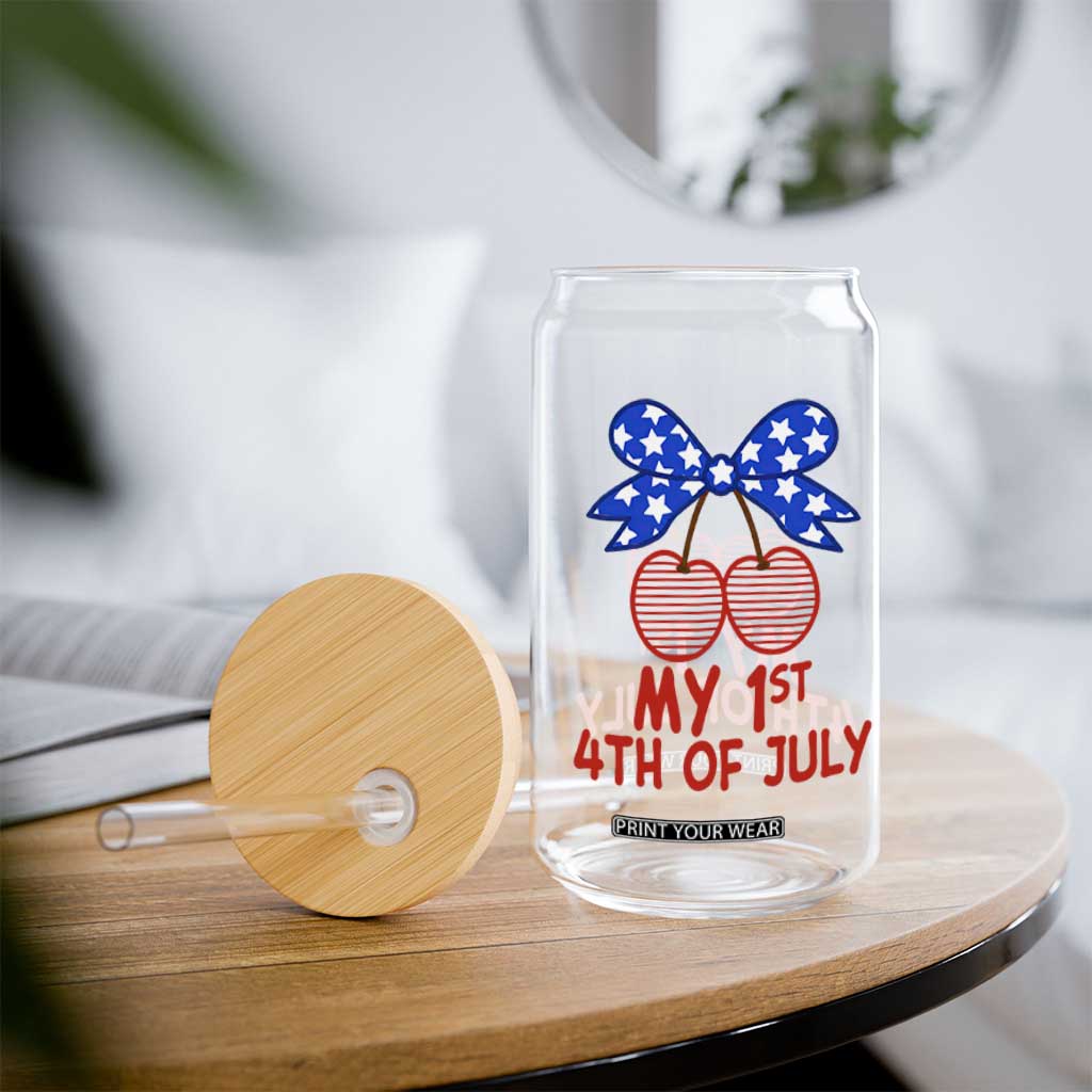 My 1st 4th of July Coquette Bow Striped Cherries Glass Can Preppy Patriotic Baby Girl Independence Holiday