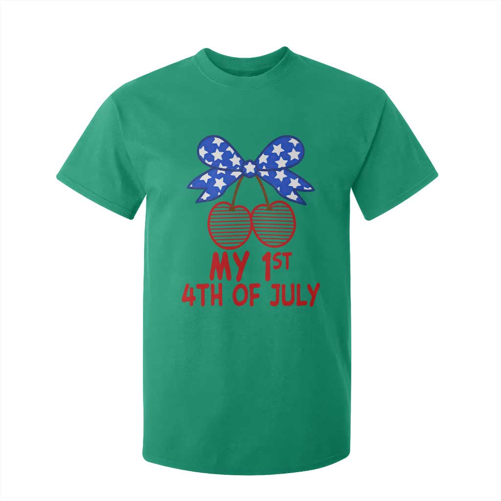 My 1st 4th of July Coquette Bow Striped Cherries T Shirt For Kid Preppy Patriotic Baby Girl Independence Holiday