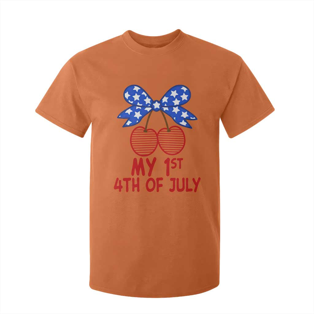 My 1st 4th of July Coquette Bow Striped Cherries T Shirt For Kid Preppy Patriotic Baby Girl Independence Holiday