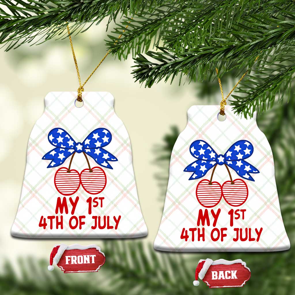 My 1st 4th of July Coquette Bow Striped Cherries Ceramic Ornament Preppy Patriotic Baby Girl Independence Holiday