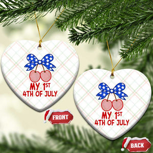 My 1st 4th of July Coquette Bow Striped Cherries Ceramic Ornament Preppy Patriotic Baby Girl Independence Holiday