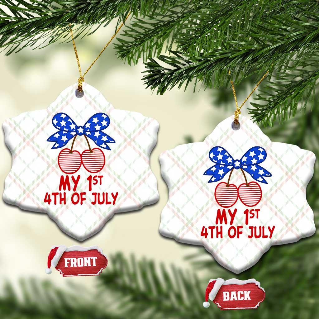My 1st 4th of July Coquette Bow Striped Cherries Ceramic Ornament Preppy Patriotic Baby Girl Independence Holiday