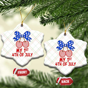 My 1st 4th of July Coquette Bow Striped Cherries Ceramic Ornament Preppy Patriotic Baby Girl Independence Holiday