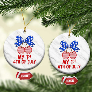 My 1st 4th of July Coquette Bow Striped Cherries Ceramic Ornament Preppy Patriotic Baby Girl Independence Holiday
