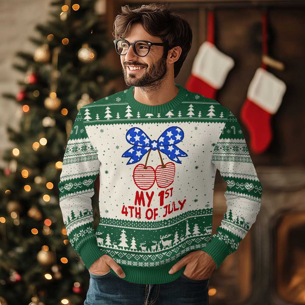 My 1st 4th of July Coquette Bow Striped Cherries Ugly Christmas Sweater Preppy Patriotic Baby Girl Independence Holiday