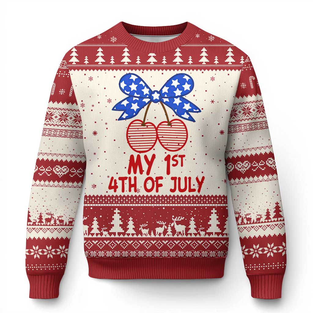 My 1st 4th of July Coquette Bow Striped Cherries Ugly Christmas Sweater Preppy Patriotic Baby Girl Independence Holiday TS02 Beige Red Print Your Wear