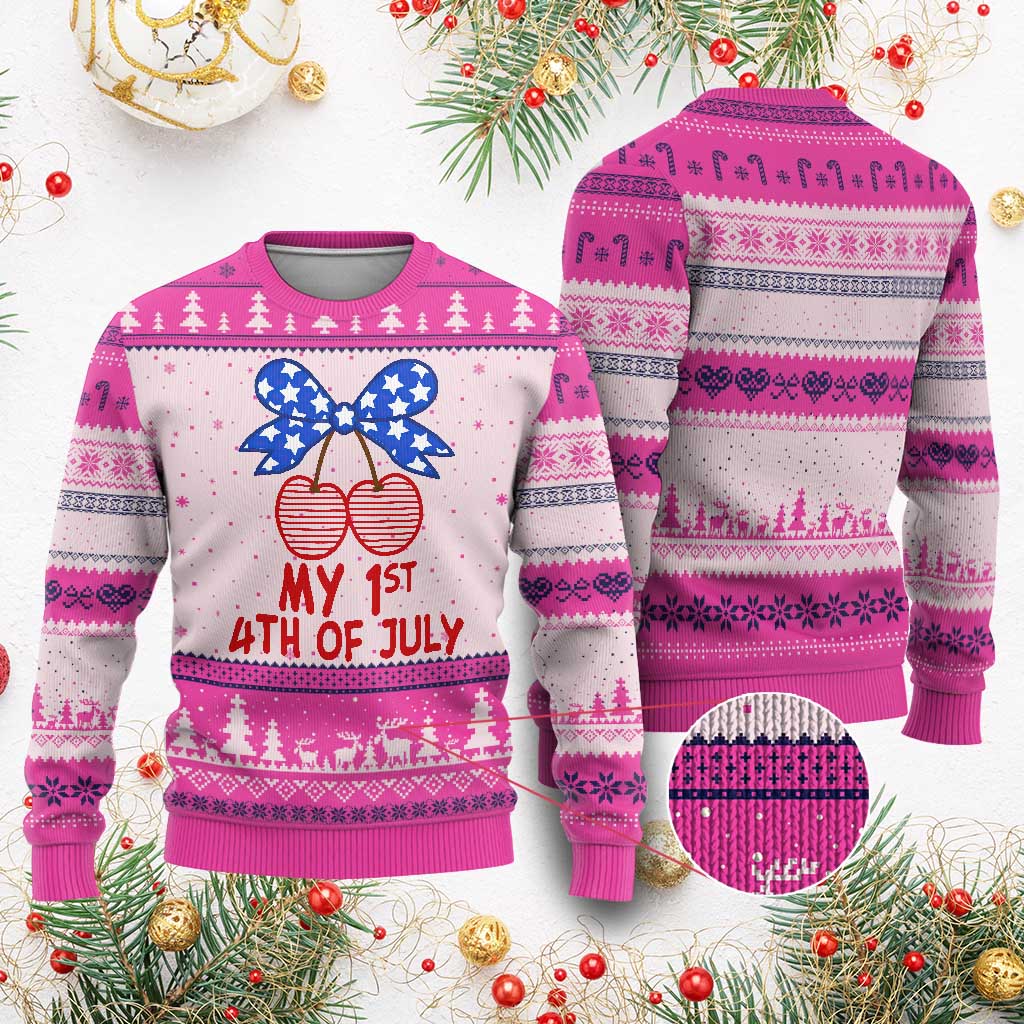 My 1st 4th of July Coquette Bow Striped Cherries Ugly Christmas Sweater Preppy Patriotic Baby Girl Independence Holiday