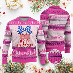 My 1st 4th of July Coquette Bow Striped Cherries Ugly Christmas Sweater Preppy Patriotic Baby Girl Independence Holiday