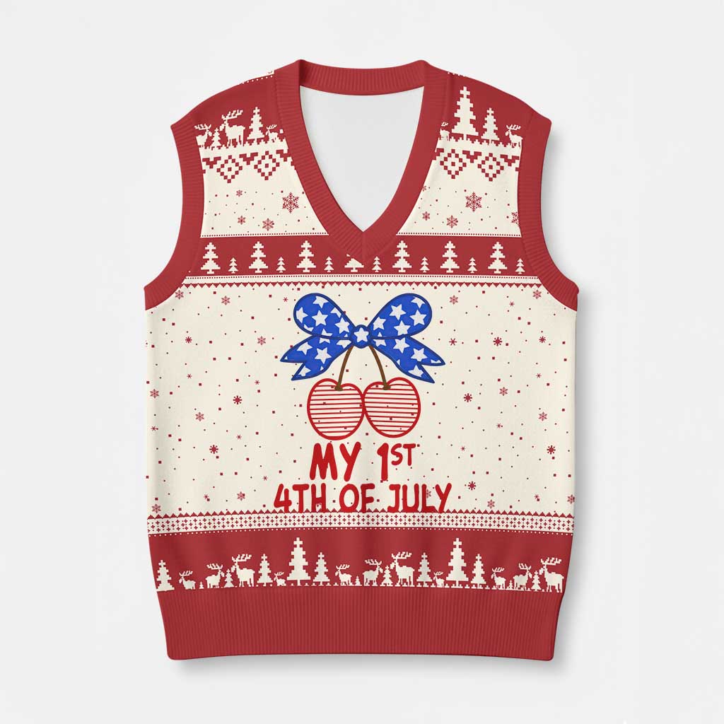 My 1st 4th of July Coquette Bow Striped Cherries V-Neck Knit Sweater Vest Preppy Patriotic Baby Girl Independence Holiday TS02 Beige Red Print Your Wear