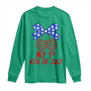 My 1st 4th of July Coquette Bow Striped Cherries Long Sleeve Shirt Preppy Patriotic Baby Girl Independence Holiday